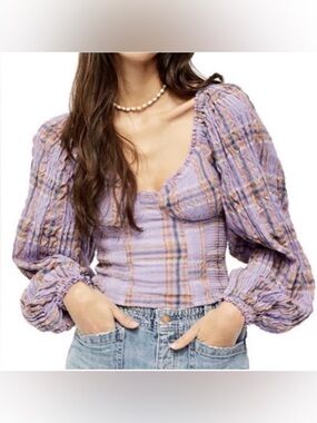 Free People Cherry Bomb Buster Plaid Smocked Top XS
